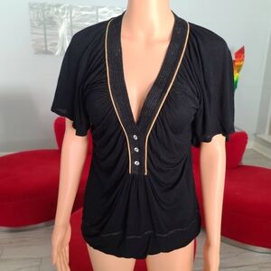 ARDEN B kimono sleeve low neckline black top gold trimmed size M